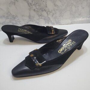 Salvatore Ferragamo Slip-On Mules Heels 7AA Black‎ Suede Leather Tortoise Shell